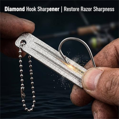 Fishing Gear, Silver Double Sided Diamond Accessories Portable Flat Fish Hook Sharpener With Hanging Chain Durable Metal Hook Remover Tool For Saltwater Freshwater J Hooks Fishing Must Haves