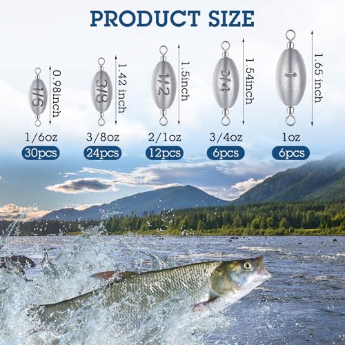 78 Pcs/Box Fishing Weights Inline Weights Trolling Sinkers Swivel Weights with Inner Swivel for Ocean Saltwater Surf Bass Fishing Casting Gear Tackle 1/6 Oz, 3/8 Oz, 1/2 Oz, 3/4 Oz, 1 oz