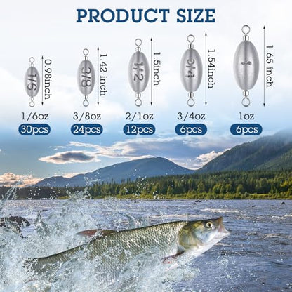 78 Pcs/Box Fishing Weights Inline Weights Trolling Sinkers Swivel Weights with Inner Swivel for Ocean Saltwater Surf Bass Fishing Casting Gear Tackle 1/6 Oz, 3/8 Oz, 1/2 Oz, 3/4 Oz, 1 oz