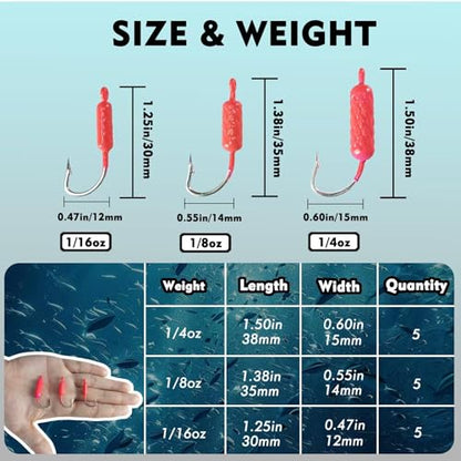 Eupheng UV Glow in Dark Yellowtail Snapper Jigs, 15PCS 1/4oz, 1/8oz, 1/16oz Weighted Jig Head with Stainless steel Hook Yellowtail jig hook for Saltwater and Freshwater Fishing - size: 1/8oz