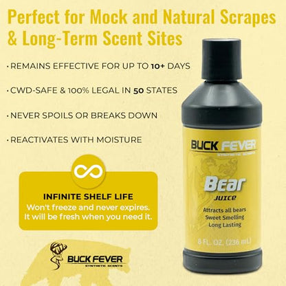 Buck Fever Bear Juice – Synthetically Formulated Bear Bait Attractant – Non-Spoiling, Sweet Synthetic Bear Attractant Scent for Trail Camera - size: 8oz