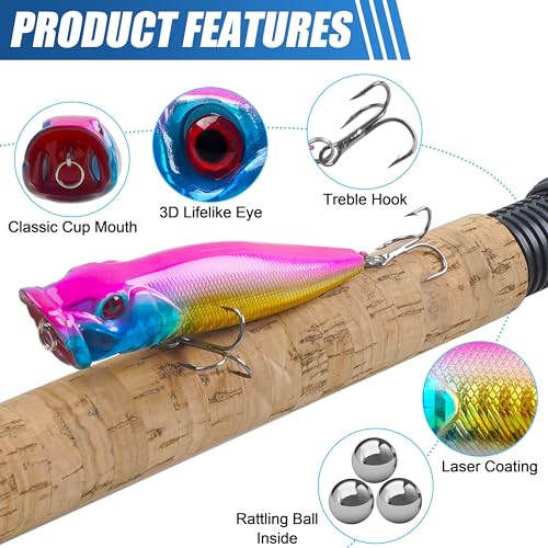 Fishing Lures Kit Crankbait Minnow Jerkbaits Popper Lures Shadllow Deep Diving Swimbaits Pencil Walleye Lures Artificial Hard Fishing Baits for Bass Trout Redfish Saltwater Freshwater - color: Popper Lures-8pcs