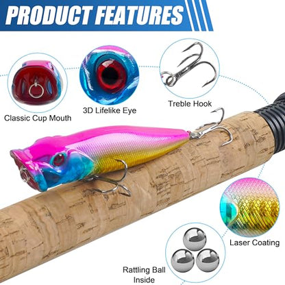 Fishing Lures Kit Crankbait Minnow Jerkbaits Popper Lures Shadllow Deep Diving Swimbaits Pencil Walleye Lures Artificial Hard Fishing Baits for Bass Trout Redfish Saltwater Freshwater - color: Popper Lures-8pcs