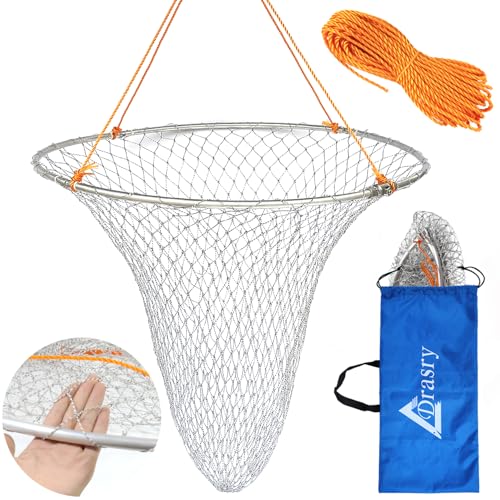 Drasry Foldable Bridge and Pier Fishing Landing Net - High Load-Bearing Aluminum Ring Drop Net for Saltwater Freshwater - Collapsible Basket With 49.2 FT Rope - color: silver, size: 23.6*23.6*37 IN / 60*60*94cm, style: 1.18*1.18 in Mesh