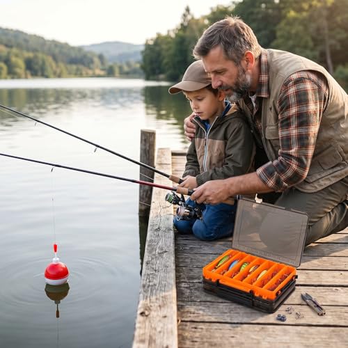 3 Pack Fishing Lure Boxes Tackle Storage Plastic Double Sided Fishing Tackle Organizer with Dividers for Hooks Crankbaits Kayak Boat Freshwater Saltwater Orange Gray Yellow 10.6" × 7.5" × 2.0"