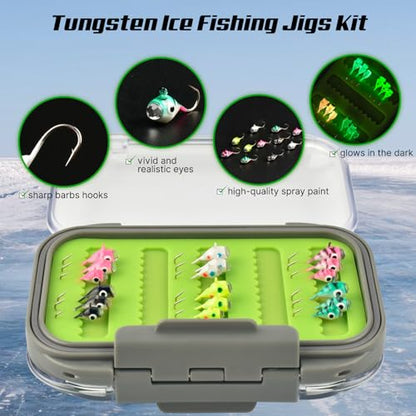 Tungsten Jigs, 18/27Pcs Tungsten Ice Fishing Jigs Kit for Panfish 3.2/4/5mm Glow in Dark Teardrop Ice Fishing Lure Jigs with Two-Sided Jig Box Assortment