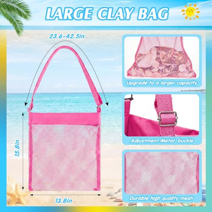 VioraWhite 2 Pcs Extra Large 14 x 16inch Clam Mesh Chum Beach Bags for Seashells Clams Treasures Sand Away Foldable Shell Collection Bags with Adjustable Straps (Pink,Black) - color: Pink,Black