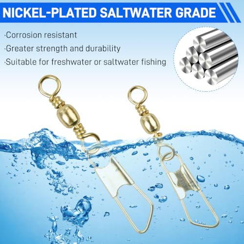 SILANON Fishing Barrel Snap Swivels, 60pcs Barrel Swivels with Safety Snaps Stainless Steel Brass Gold Barrel Swivels Fishing Tackle Solid Ring Lure Leader Line Connectors Saltwater Freshwater - size: 2#-60pcs