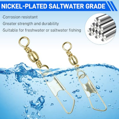 SILANON Fishing Barrel Snap Swivels, 60pcs Barrel Swivels with Safety Snaps Stainless Steel Brass Gold Barrel Swivels Fishing Tackle Solid Ring Lure Leader Line Connectors Saltwater Freshwater - size: 4#-60pcs