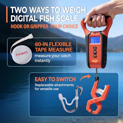 Fish Scale Floating Waterproof Digital Fishing Scale with Lip Grip, Replaceable Hook, LCD Display, 110lb Capacity, Auto Hold, Multiple Units(LB/OZ/KG), Included Measuring Tape – Ideal for Anglers
