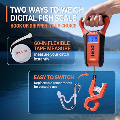 Fish Scale Floating Waterproof Digital Fishing Scale with Lip Grip, Replaceable Hook, LCD Display, 110lb Capacity, Auto Hold, Multiple Units(LB/OZ/KG), Included Measuring Tape – Ideal for Anglers