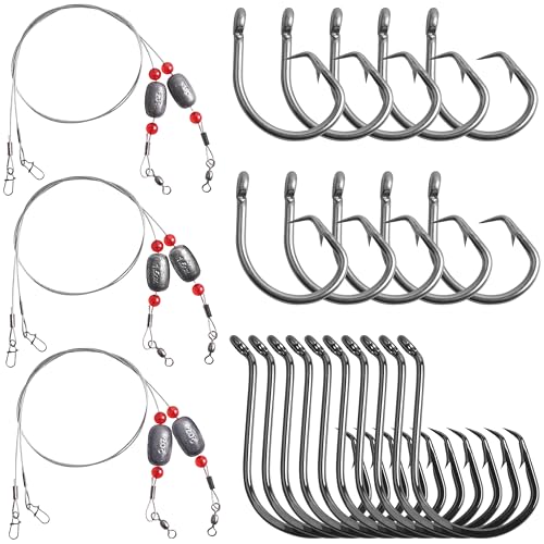 SILANON Pre-Rigged Carolina rig Saltwater Grouper Rig Egg Sinker Flounder Rigs with 10 Circle Hooks Steel Wire Leader for Catfish Snapper Flounder Halibut Redfish Surf Fishing Bottom Rig - size: Egg sinker Rig(6pcs)+Circle hooks(20pcs)