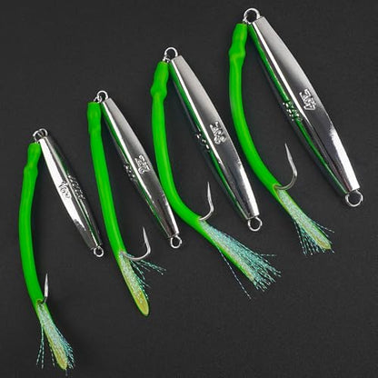 Diamond Jig Saltwater Fishing Lures Casting Jigging Spoon with Tube Tail Stainless Steel Hooks Trolling Lures Striped Bass Metal Jig for Deep Sea Surf Fishing Bottom Dragging Sinking - color: Green, size: 3 oz