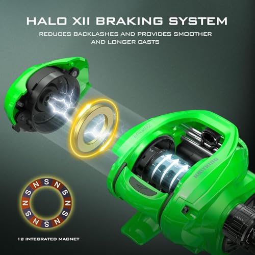 KastKing Zephyr Baitcasting Fishing Reel, Halo XII Magnetic Braking System Baitcaster Reel, 7+1 Double Shielded Stainless Steel BB, 7.2:1 High-Speed Gear Ratio, 18lb Triple Disc Carbon Fiber Drag - color: B:Left Handed-Green-7.2:1