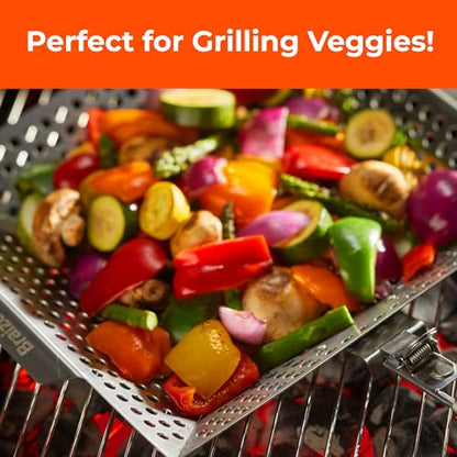 Heavy-Duty Stainless Steel Grill Basket – 12" x 13.75" Large BBQ Basket with Removable Handle – Durable Grilling Basket for Vegetables & Meat – Outdoor Cooking Accessory for Gas & Charcoal Grills - size: w/out Scrub Sponges