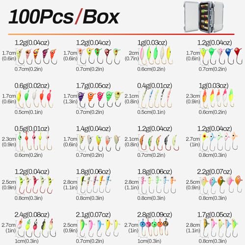 Ice Fishing Jigs Kit 100pcs Lures Bait Icefishing Set Crappie Jig Hooks Gear Accessories for Walleye Panfish with Tackle Box Gifts for Men - color: 100pcs ice fishing jigs with two lure boxes