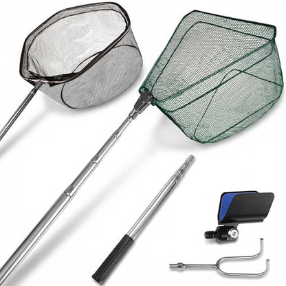 Yeahmart Telescoping Fishing Net, 61" Foldable Landing Net with 2 Interchangeable Heads & Rescue Hook, 4-in-1 Long Handle Fish Net for Kayak, Boat, Bass, Freshwater & Saltwater Fishing Gear