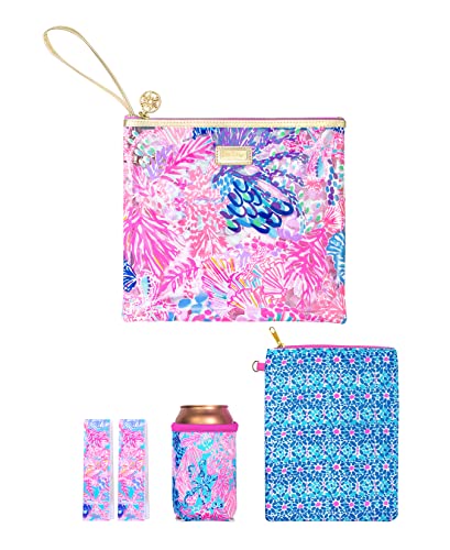 Lilly Pulitzer Water Resistant Vinyl Beach Day Pouch, Zipper Bag Includes Drink Hugger, Small Pouch, and Towel Clips - color: Splendor in the Sand