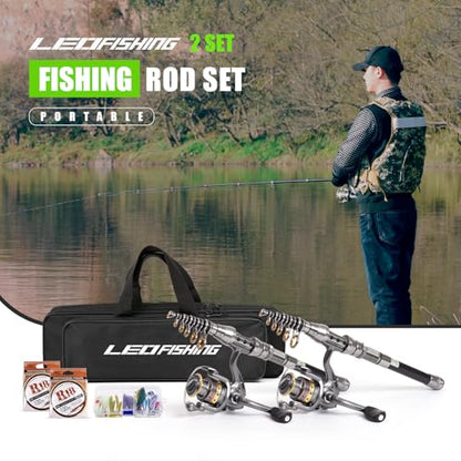 2Pcs Telespoic Fishing Rod and Reel Combos with Spinning Reel and Necessary Lure Accessories Portable Carrier Bag for Saltwater Freshwater