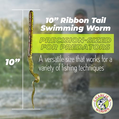 Charlie's Worms 10" Ribbon Tail Soft Plastic Worms for Bass Fishing, Freshwater & Saltwater Lures, Scented Swim Bait, Texas Rigged, Weedless, Large & Smallmouth, White Firetail, 6-Pack - color: Black
