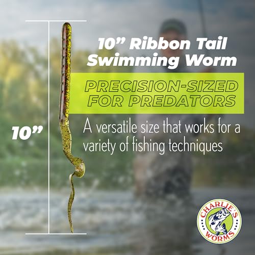 Charlie's Worms 10" Ribbon Tail Soft Plastic Worms for Bass Fishing, Freshwater & Saltwater Lures, Scented Swim Bait, Texas Rigged, Weedless, Large & Smallmouth, White Firetail, 6-Pack - color: Black Green Red Glitter