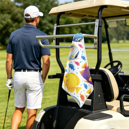 Colorful Fish Microfiber Golf Towel with Clip Magnetic for Golf Bags | Golf Essentials for Women Men Attaches to Clubs and Carts 17.7"x17.7"
