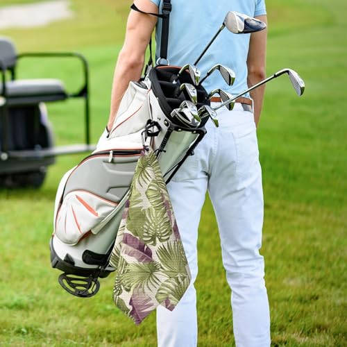 Green Tropical Leaves Golf Towel for Golf's Bags Carts Monstera Golf Towels with Clip Botanical Plants Waffle Towels Palm Tree Cleaning Cloth 2 Packs for Men Golfer, Birthday Present - color: Purple