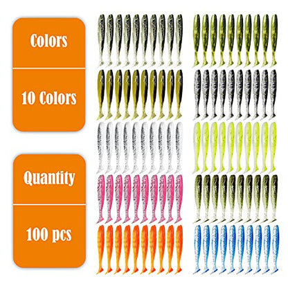 100pcs Paddle Tail Swimbaits Lures, Soft Plastic Fishing Lures Kit, 2.75" Bass Fishing Bait for Freshwater and Saltwater with Box