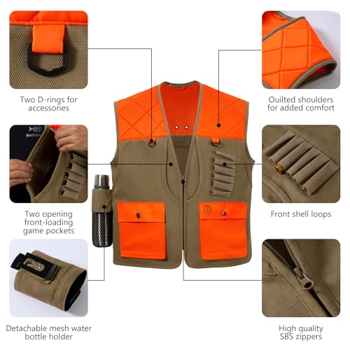 BASSDASH Upland Game Field Water-Resistant Bird Hunting Vest with Multi Pockets Men Women FV11 - color: Dark Khaki/Blaze Orange, size: X-Large