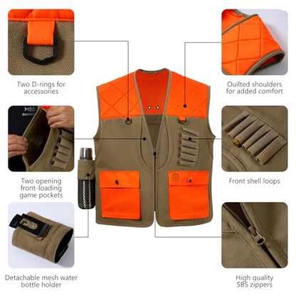 BASSDASH Upland Game Field Water-Resistant Bird Hunting Vest with Multi Pockets Men Women FV11 - color: Dark Khaki/Blaze Orange, size: XX-Large