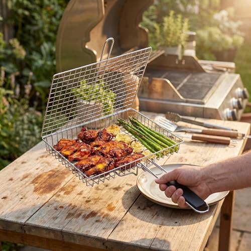 Stainless Steel Grill Basket, Foldable BBQ Grilling Baskets for Fish, Shrimp & Vegetables, Portable Outdoor Camping BBQ Rack, Heavy Duty Barbecue Accessories, Gift for Dad, Husband & Friends