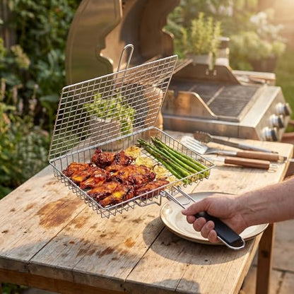 Stainless Steel Grill Basket, Foldable BBQ Grilling Baskets for Fish, Shrimp & Vegetables, Portable Outdoor Camping BBQ Rack, Heavy Duty Barbecue Accessories, Gift for Dad, Husband & Friends