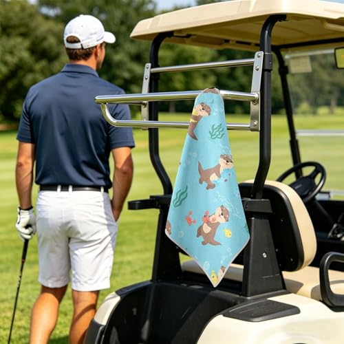 Otters Seaweed Fish Blue Pattern Magnetic Golf Towel for Golf Bags Microfiber Golf Essentials for Men Women with Carabiner Clip Attaches to Clubs and Carts, 17.7"x17.7"