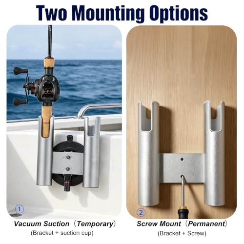 2-Rod No-Drill Aluminum Rack Vacuum Fishing Rod Holder with 300LB | for Boat Truck Wall Glass ，Removable Quick-Release Suction Mount – Installs in Seconds. No tools.