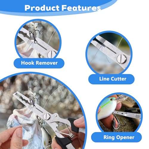 Xindojuz 1 PCS Fishing Pliers Hook Remover, Fishing Scissors Line Cutter, Split Ring Fishings Pliers Saltwater with Safety Lock, Stainless Steel Fishings Tools with Sheath, Gifts for Men Women