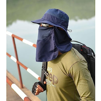 Sun Hat for Men Women, Summer UV Sun Protection Wide Brim Fishing Hat for Men with Face Cover & Neck for Hiking - color: Navy(with Face Cover & Neck Flap)