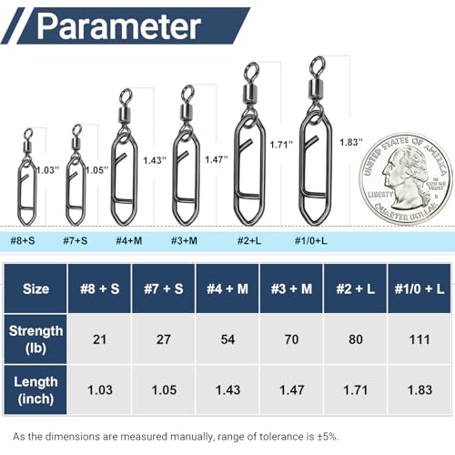 QISHUO Stainless Steel Fishing Swivels Lure Tackle Clips Snap Swivels Strength Barrel Saltwater Swivel Fishing Rolling Black Nickel - size: Size 8+S (21lb) 50 pcs