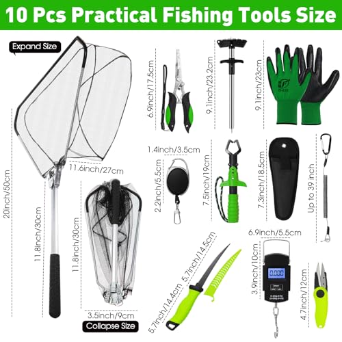RoundFunny 10 Pcs Fishing Tool Kit, Fishing Pliers with Lanyard and Protective Sheaths, Landing Net, Fillet Knife, Fish Scale, Gripper, Hook Remover, Braid Scissors, Gloves for Men Dad Gift - color: Green