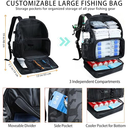 Fishing Backpack with Tackle Boxes and Rod Holder, Cooler, 30L Large Tackle Bag with Fishing Gear Lures Kit, Waterproof Bottom tackle Backpack Fish Set Gifts for Men Women-Camo Back Pack - color: Camo