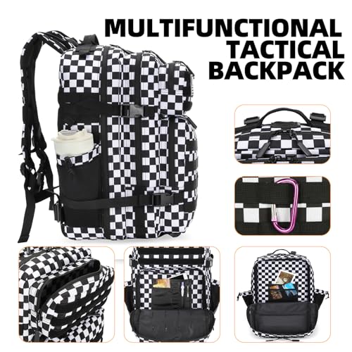 Lovelinks21 25L Tactical Military Backpack Small Travel Rucksack for Men and Women Assault Pack Bug Out Bag Molle Daypack Gym Backpack with Bottle Holder (Black White Checkered) - color: Black White Checkered