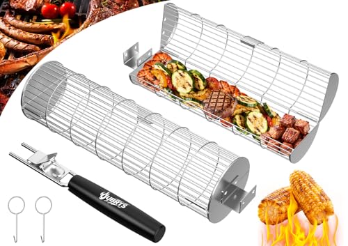 Rolling Grill Baskets for Outdoor Grill, 2PCS BBQ Grilling Basket with Removable Wooden Handle, Stainless Steel Camping Cooking Grill Accessories for Meat Fish Vegetable Seafood, Gifts for Men Dad Husband