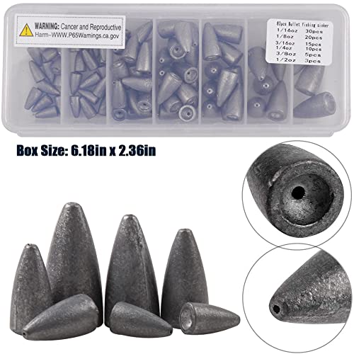 Fishing Weights Kit 29/83pcs Bullet Fishing Weights for Bass Fishing Texas Rigs Worm Weights Fishing Sinkers Freshwater Saltwater Fishing Tackle - style: 83pcs