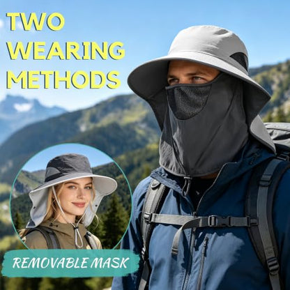 2 Pack Women Men Outdoor Wide Brim Sun Hat with Neck Face Flap,UPF 50+ Protection Fishing Garden Work Hat with Ponytail Hole - color: Dark Grey ＆ Light Grey