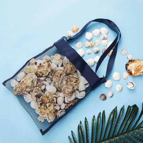 VioraWhite 2 Pcs Extra Large 14 x 16inch Clam Mesh Chum Beach Bags for Seashells Clams Treasures Sand Away Foldable Shell Collection Bags with Adjustable Straps (Navy Blue) - color: Navy Blue
