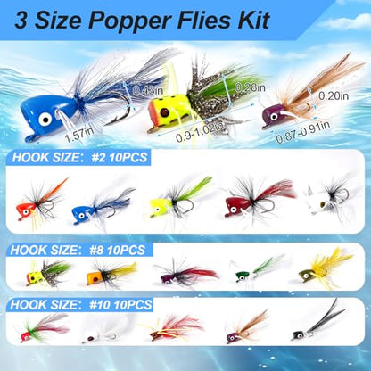 22/30pcs Fly Fishing Popper Flies Kit, Trout Bass Bluegill Panfish Crappie Salmon Sunfish Steelhead Popper Flies for Fly Fishing Fly Popper Lures