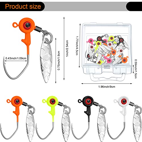 Skylety 15 Pcs Fishing Jig Heads Kit Fishing Lures Crappie Jig Road Heads Hook with Spinner Plastic Box for Freshwater Runner Bass - size: 1/16 oz