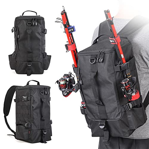 Fishing Backpack, 2 Fishing Rod Holders Fishing Tackle Backpack Without 4 Tackle Boxes, 17.4L Large Storage Fishing Gear Bag for Trout Fishing Outdoor Camping Hiking black