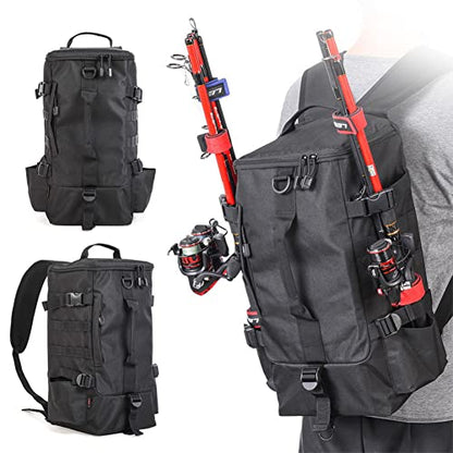 Fishing Backpack, 2 Fishing Rod Holders Fishing Tackle Backpack Without 4 Tackle Boxes, 17.4L Large Storage Fishing Gear Bag for Trout Fishing Outdoor Camping Hiking black