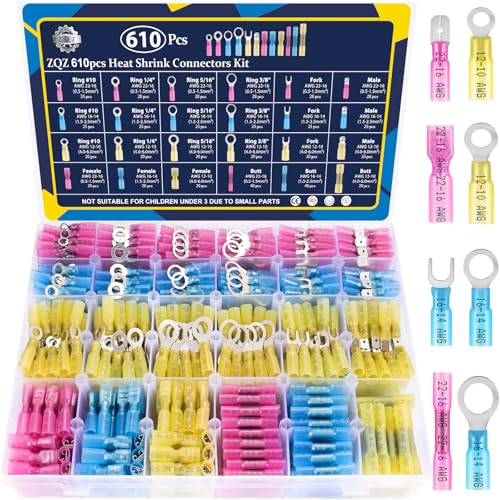 ZQZ 610PCS Heat Shrink Wire Connectors Kit, Marine Electrical Connectors, Waterproof Crimp Terminals Connector with Rings Male Female Forks Butt Wiring Ends, Insulated Wire Terminal Assortment Kit - size: Heat Shrink 610PCS