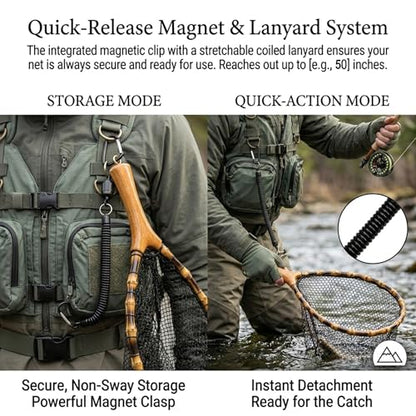 Floating Handcrafted Bamboo Fly Fishing Landing Net, Solid Wood Handle, Soft Rubber Coated Mesh for Trout, Kayak & Stream Fishing, Includes Magnetic Release & Safety Lanyard - size: Large, style: Straight Handlebar